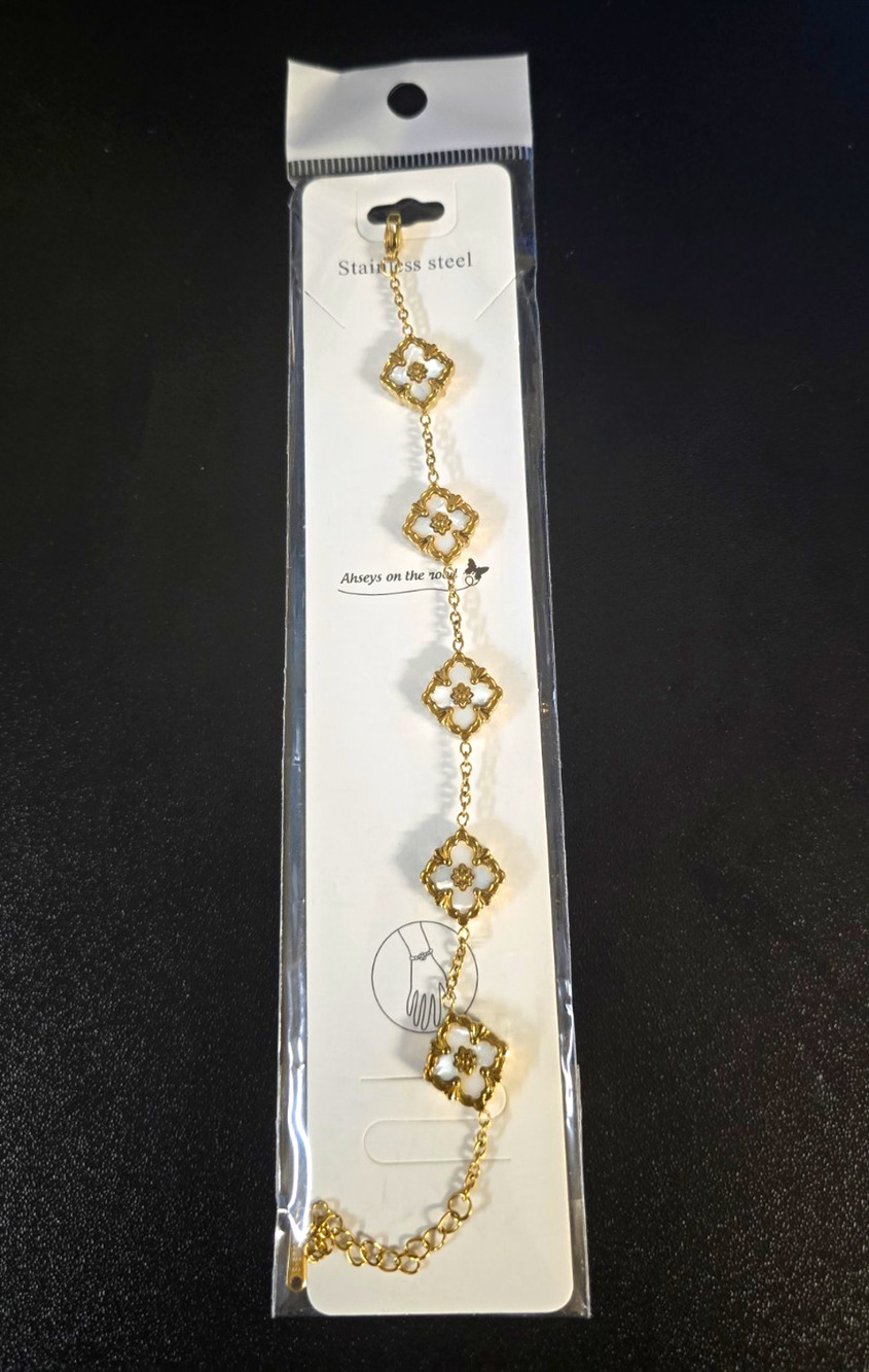 Stainless Steel Gold Tone Adjustable Cable Chain Bracelet White Enamel Clover